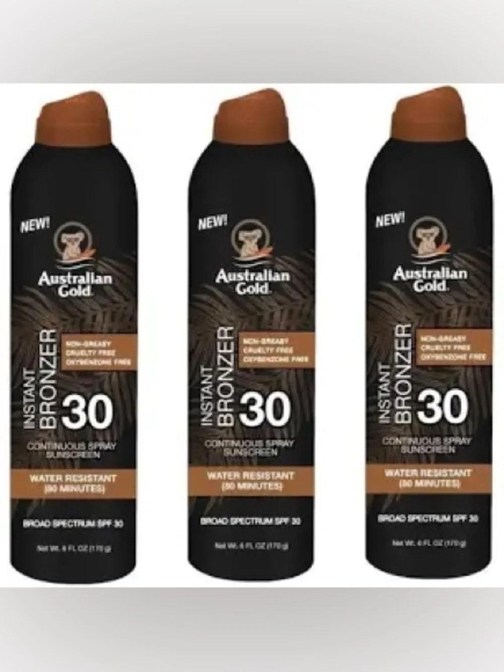 (3Pk)Australian Gold Instant Bronzer-Continuous Spray Sunscreen-SPF 30-Exp.8/28